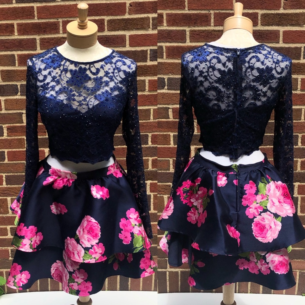 B Darlin Navy Lace Crop Top with Navy Floral Pink Skirt